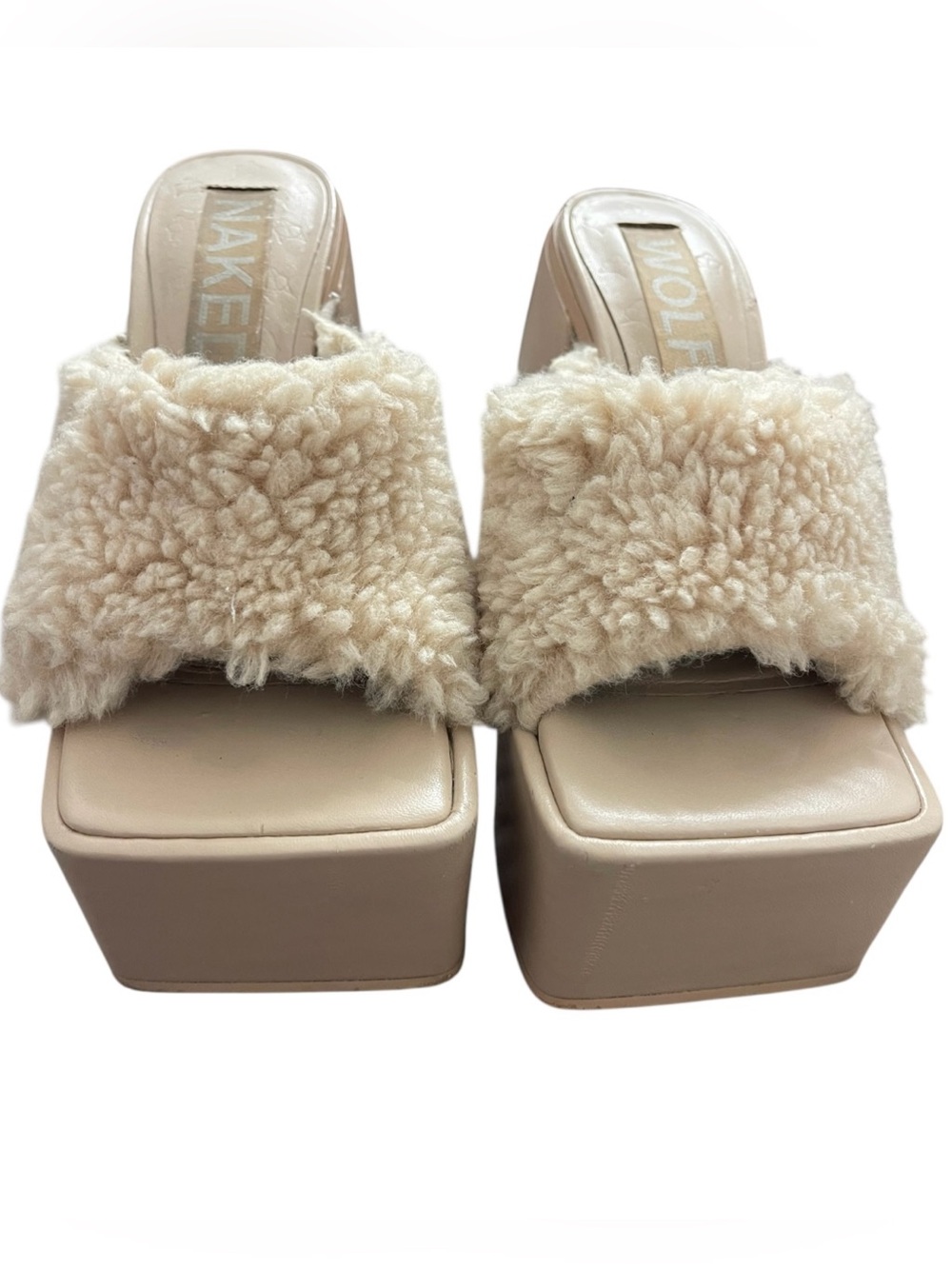 Naked wolfe Ivory Shearling Platform Slide Heels